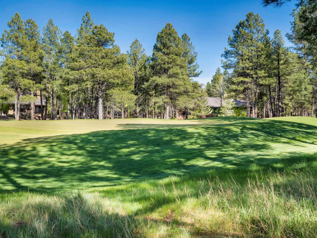 39 of 52. Beautiful golf course scenery with rolling greens and mature pine trees creating a serene backdrop for this luxury Flagstaff property.