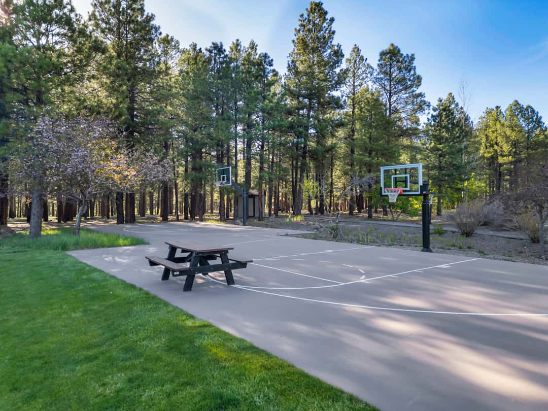 52 of 52. Community basketball and recreation space nestled among towering pine trees, offering convenient outdoor activities near the home.
