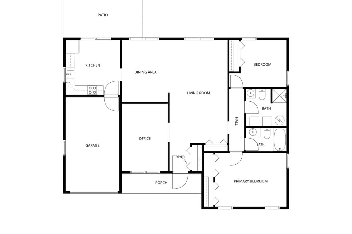 7 of 39. Spacious layout features a versatile office and convenient access to outdoor patio space.