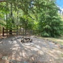 Discover a private outdoor space featuring a stone fire pit surrounded by lush greenery and tall trees.