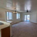 Expansive living room with abundant natural light, ceiling fan, and direct access to the backyard patio. The open floor plan creates a comfortable space for everyday living and entertaining.