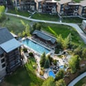 This aerial view showcases the pools at Trailhead Lodge, amenities available to Wildhorse Meadows homeowners and guests.
