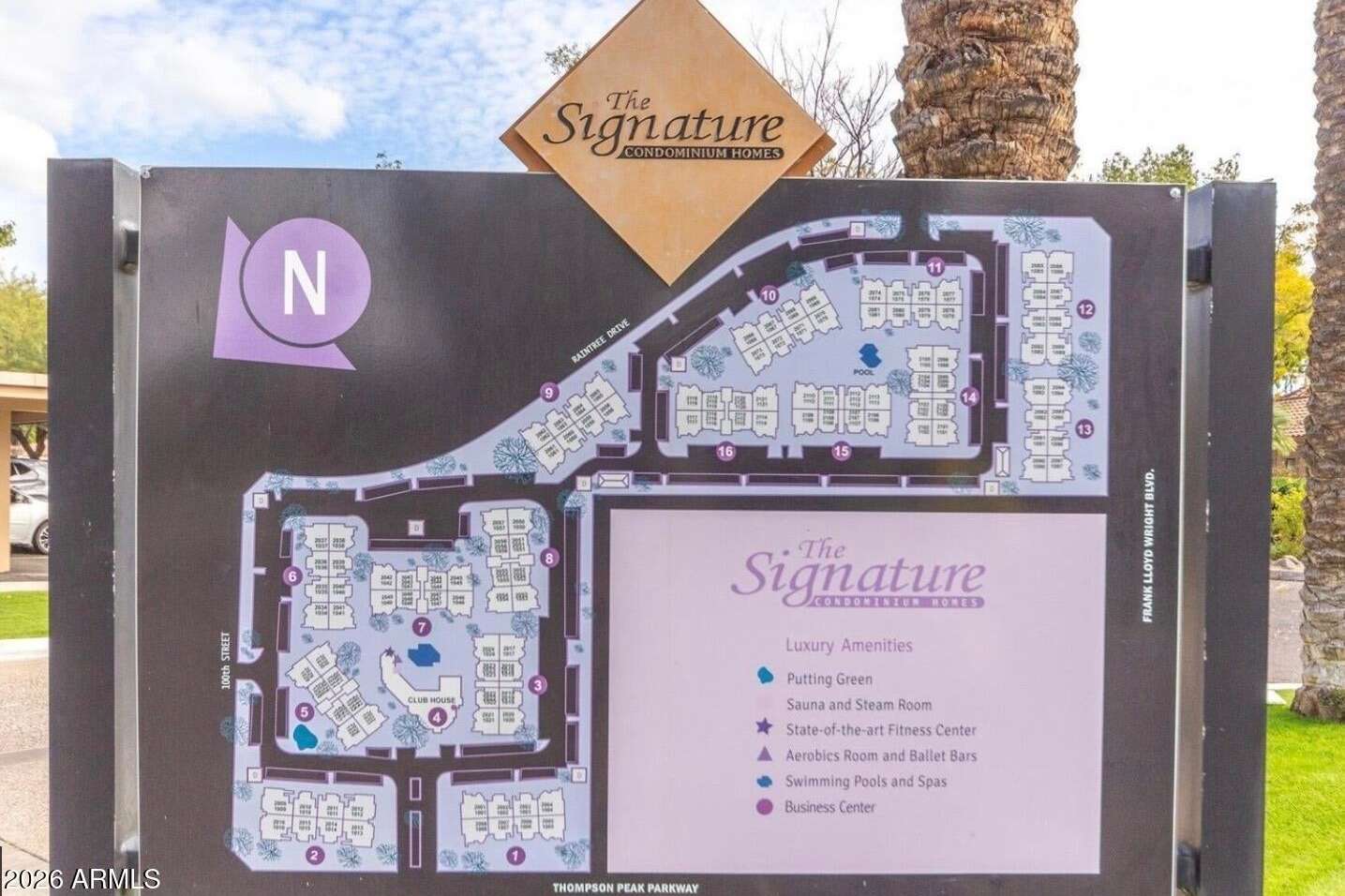 28 of 32. The community directory showcases the property's thoughtfully designed layout and highlights desirable amenities including swimming pools, fitness center, putting green, spa, and clubhouse facilities.