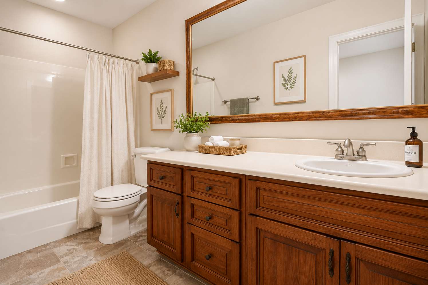 54 of 72. This staged full bathroom highlights quality wood cabinetry, generous countertop space, tiled flooring, modern fixtures, and a clean, inviting design that complements the basement living area.