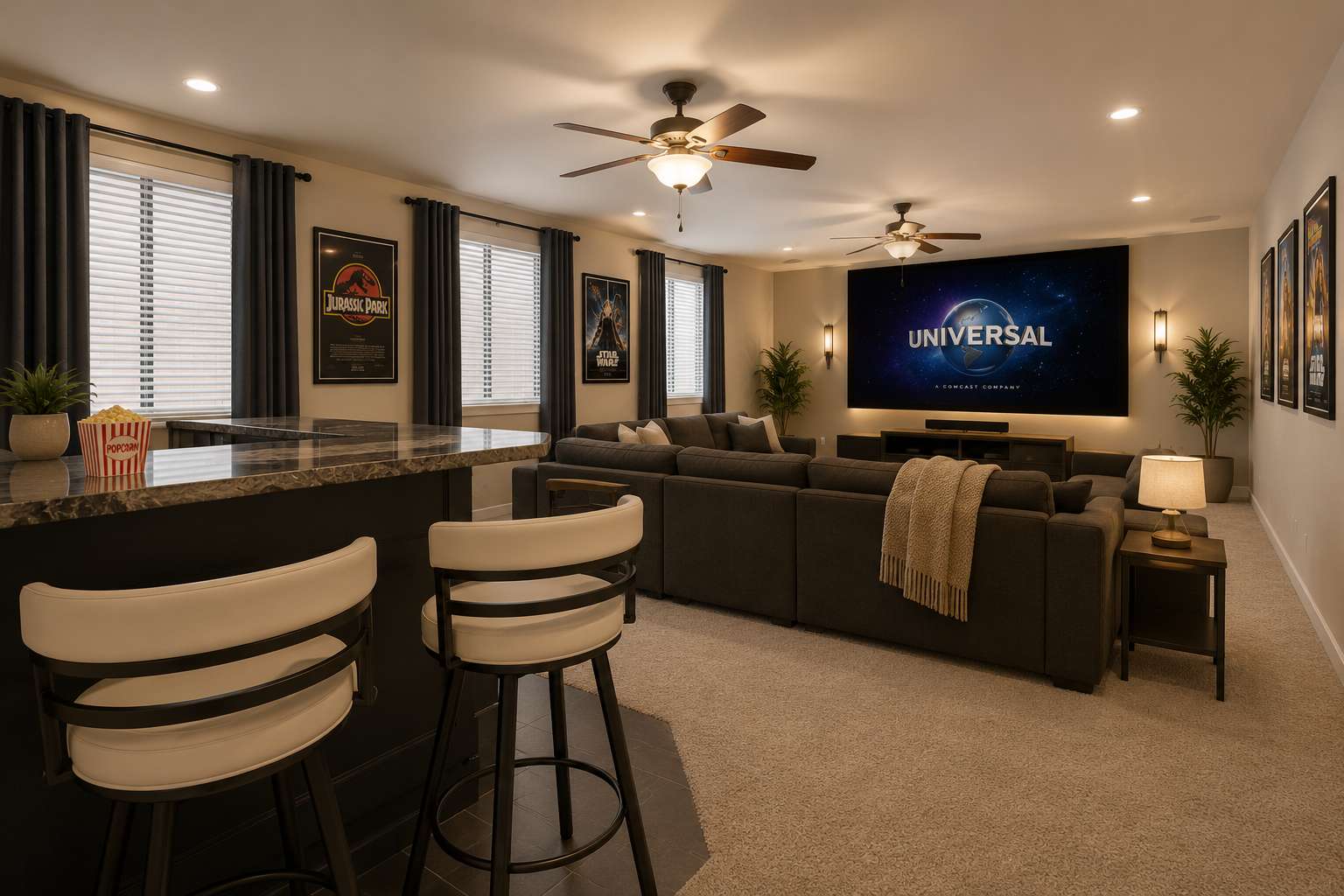 50 of 72. Virtually staged to inspire, this spacious basement demonstrates the possibilities for a luxurious home theater, lounge, and entertainment space centered around the custom wet bar and open-concept layout.