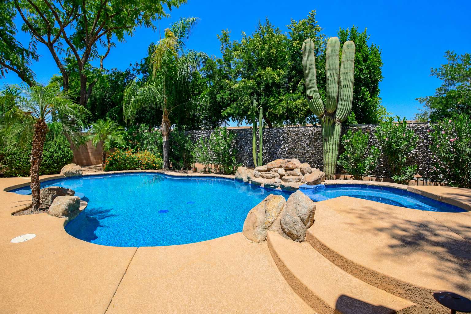 60 of 72. Another stunning perspective of the custom pool highlights the elevated spa, cascading waterfall, mature palms, desert landscaping, and resort-style outdoor living spaces that complete this Scottsdale property.