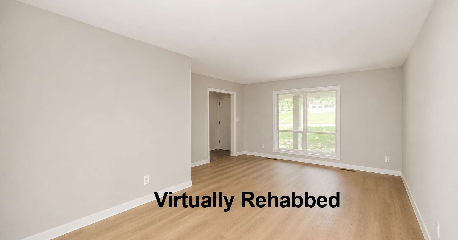10 of 43. Dining room / living room, virtually rehabbed