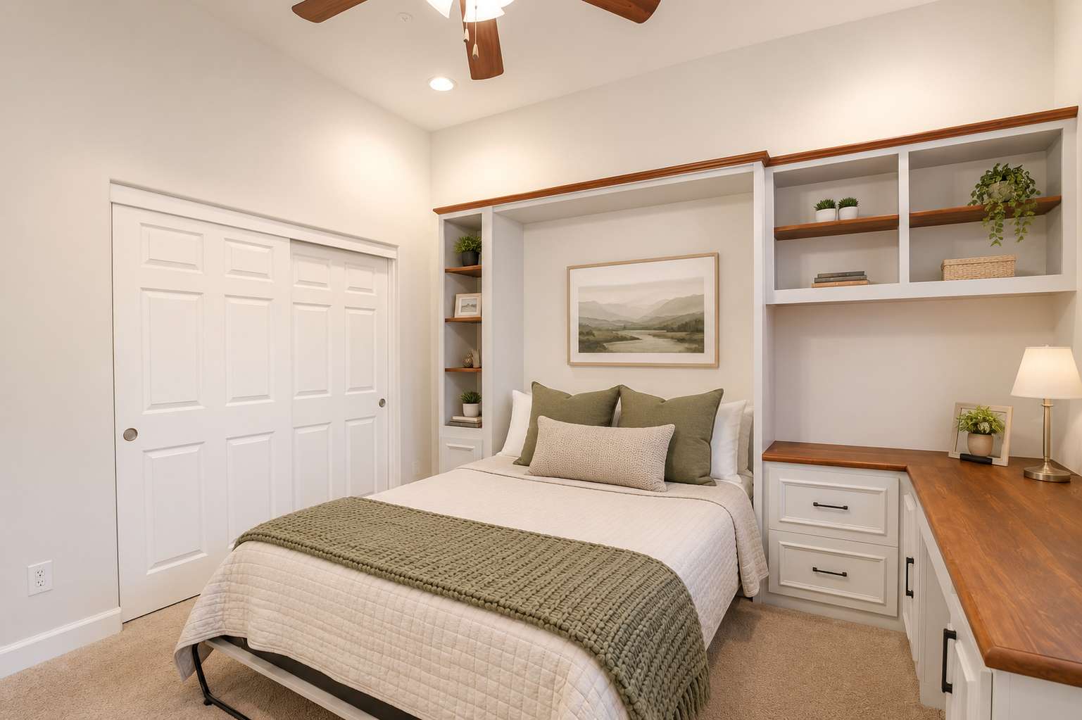 37 of 72. Professionally staged to showcase its flexibility, this bedroom features built-in cabinetry, a dedicated workspace, and comfortable accommodations for guests or everyday living.