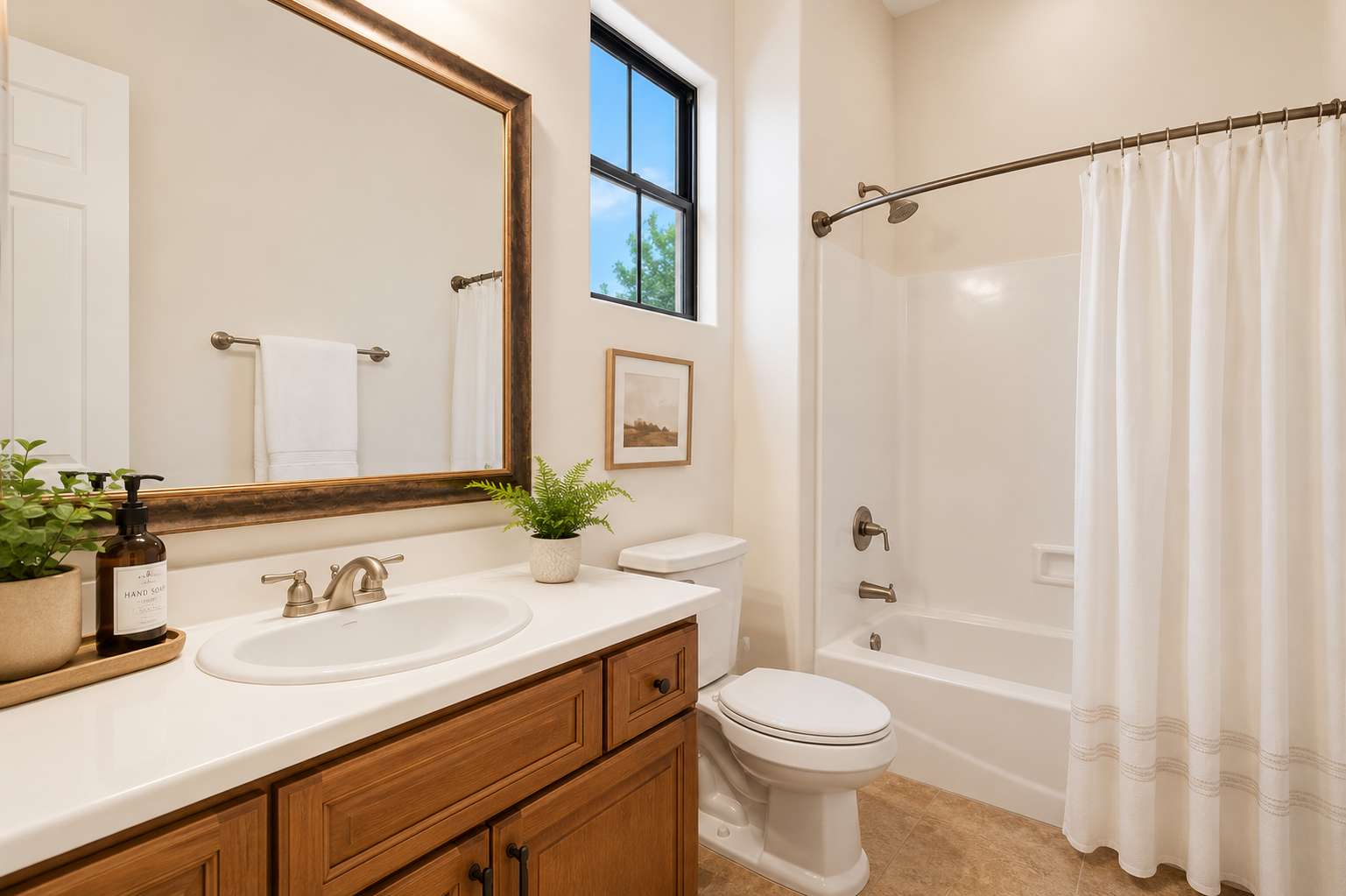 39 of 72. Tastefully staged to highlight its bright, welcoming atmosphere, this bathroom offers a spacious vanity, full tub and shower, quality fixtures, and timeless finishes throughout.