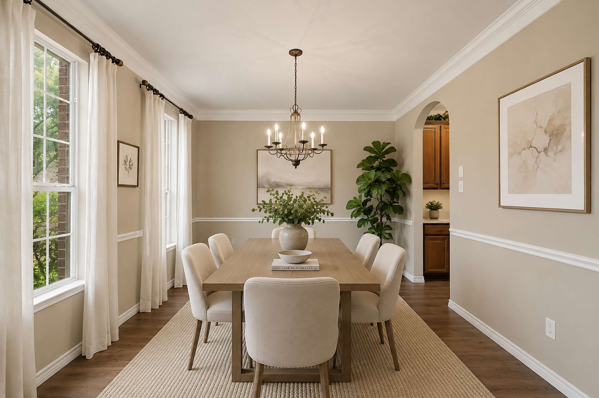 5 of 71. Bright dining area featuring large windows, tasteful decor, and ample space for gatherings and entertaining.