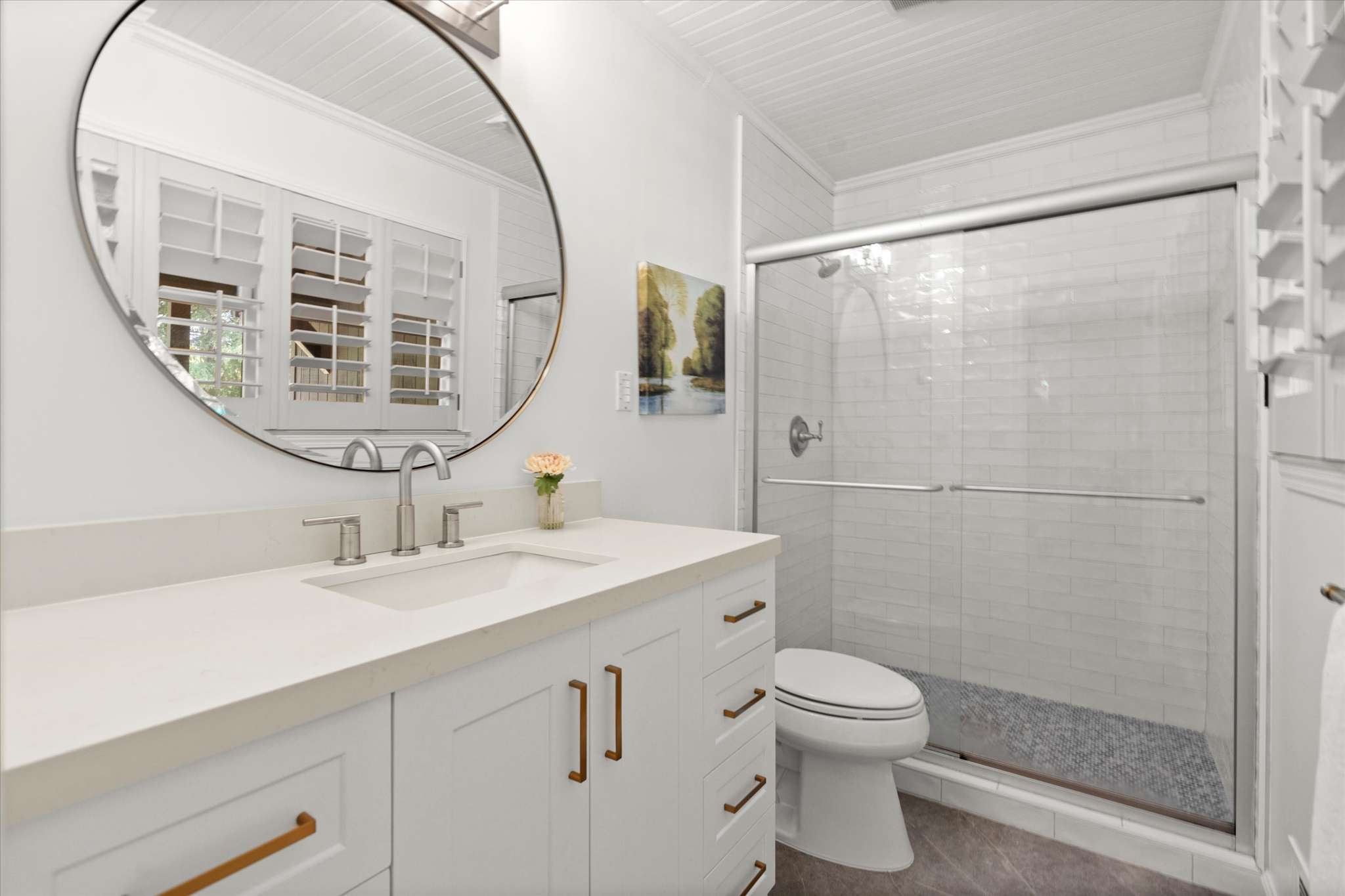 6 of 72. Modern bathroom featuring a spacious shower, dual sinks, and natural light from well-placed windows.