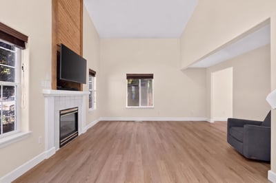 Spacious living area with abundant natural light, featuring a modern fireplace and large windows.
