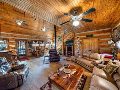 LOG CABIN INTERIOR...Wood Floor, Wood Vaulted Ceiling, Open Floorplan, Wood Burning Stove
