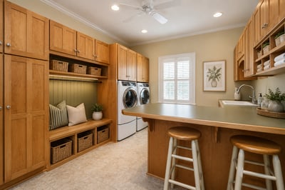 Laundry area with added bench and shelf