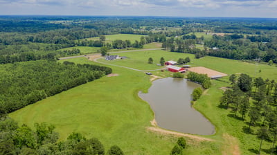 Sprawling countryside property featuring ample land, a vibrant pond, and versatile outbuildings for various uses.