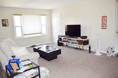 Apartment Living Room w/ storage closet, cordless shades & new carpet 2021 along w/ entrance stairway carpet