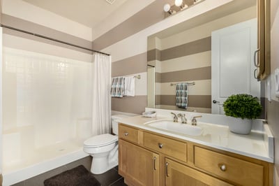 Bright guest bathroom featuring a spacious vanity, updated fixtures, and a walk-in shower. Clean design elements and neutral finishes create a welcoming space for family and visitors alike.