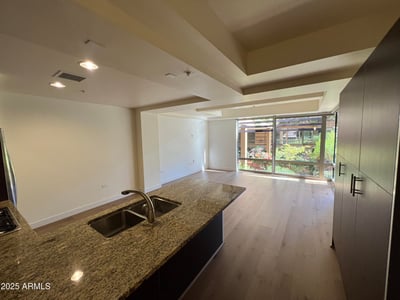Open living and kitchen area featuring granite surfaces, stainless steel appliances, and abundant natural light. A thoughtfully designed space ideal for entertaining and everyday living.