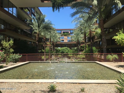 Scenic courtyard showcasing a tranquil fountain, mature palm trees, and lush desert landscaping framed by the iconic architecture of Optima Camelview Village. This peaceful gathering space highlights the community's luxury resort-style atmosphere.
