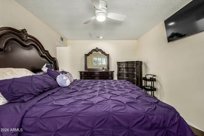Alternate view of the primary bedroom showcasing its generous layout, updated finishes, ceiling fan, and inviting ambiance, creating the perfect private retreat in this Sun City home.