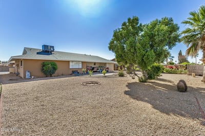 Expansive backyard with mature trees, gravel landscaping, and open outdoor areas offers endless possibilities for entertaining, gardening, or peaceful relaxation in Sun City.
