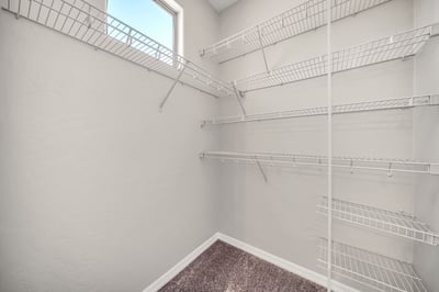 Generous walk-in closet with multiple shelving levels and hanging space offers practical organization and additional storage. A desirable feature that enhances the guest suite.