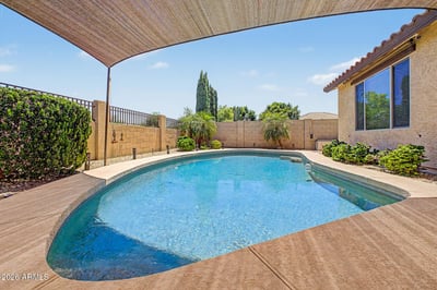 A sparkling private pool is surrounded by mature palms, attractive landscaping, and spacious decking, offering the perfect place to relax and entertain at this Goodyear rental home.