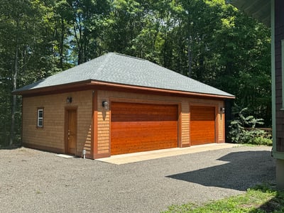 2005 Arts & Crafts Garage + Workshop. Hand-Built Cedar Garage Doors.