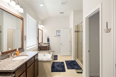Spacious modern bathroom featuring dual sinks, a luxurious soaking tub, and an expansive walk-in shower.