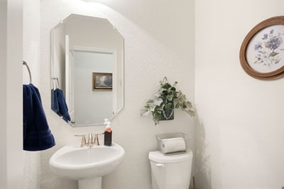 Bright and functional bathroom featuring a modern sink, cozy decor, and ample natural light.