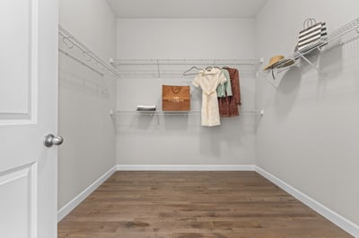 Spacious walk-in closet featuring ample shelving and a wood-like floor, ideal for organized storage.
