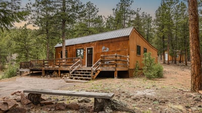 Quaint cabin surrounded by tall pines, featuring a spacious deck and inviting outdoor space for relaxation.