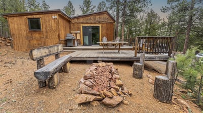 Cozy cabin nestled among trees, featuring a spacious deck and fire pit for outdoor gatherings.