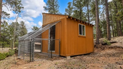 Cozy wooden outbuilding with a fenced yard, perfect for a hobbyist or as a pet retreat.