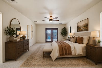 Spacious master bedroom features dual closets, natural light, and direct access to a private outdoor area.