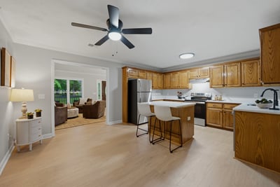 Kitchen with new quartz counter tops.