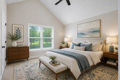 Virtually staged photo of bedroom with vaulted ceiling.