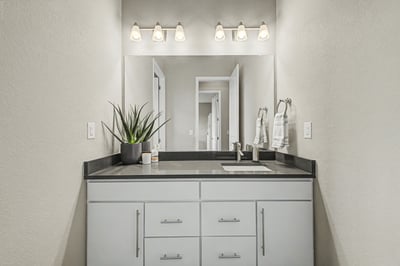 Modern bathroom featuring sleek cabinetry, ample counter space, and bright lighting for a fresh ambiance.
