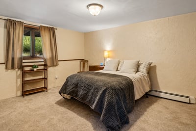 Cozy bedroom featuring natural light, soft carpeting, and modern furnishings for a comfortable retreat.