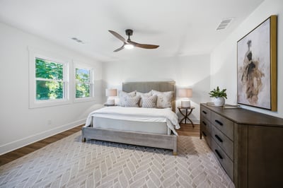 Bright and inviting bedroom featuring large windows, modern furnishings, and a cozy atmosphere for relaxation.