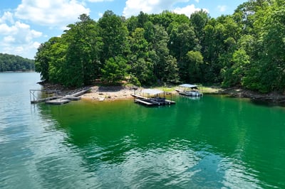 Experience stunning waterfront views with private docks on a tranquil, picturesque lake surrounded by lush greenery.