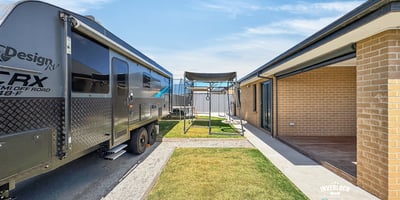Modern outdoor space with RV parking, a shaded area, and potential for versatile landscaping options.