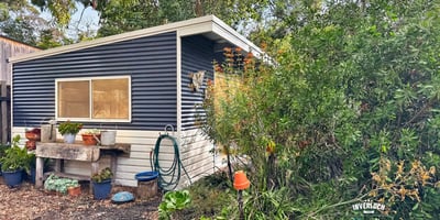 Quaint cottage nestled among lush greenery, offering a unique retreat with potential for creative landscaping.