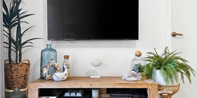 Modern living area featuring a sleek TV setup with tasteful decor and natural accents.