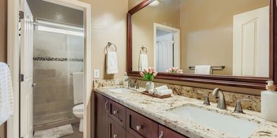 Full guest bathroom includes granite vanity, double sinks, and tiled shower, blending function with modern design.