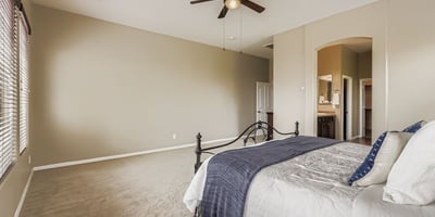 Expansive owner s suite with plush carpet, ceiling fan, and a tranquil setting connects to a spa-inspired bathroom.