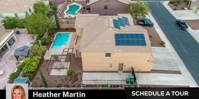 Overhead angle emphasizes the pool, water features, and fenced yard. This Glendale home blends energy-efficient upgrades with inviting outdoor living.