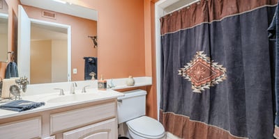 Guest bathroom featuring tub/shower combo, spacious vanity, and warm tones, offering both style and practicality.