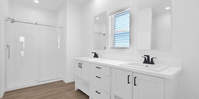 Beautiful primary bath featuring dual sinks, contemporary finishes, glass shower enclosure, and ample storage. Designed with comfort and functionality in mind, this space serves as a relaxing daily retreat.