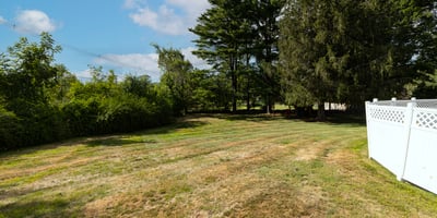 Spacious yard with mature trees, offering ample room for outdoor activities and gardening possibilities.